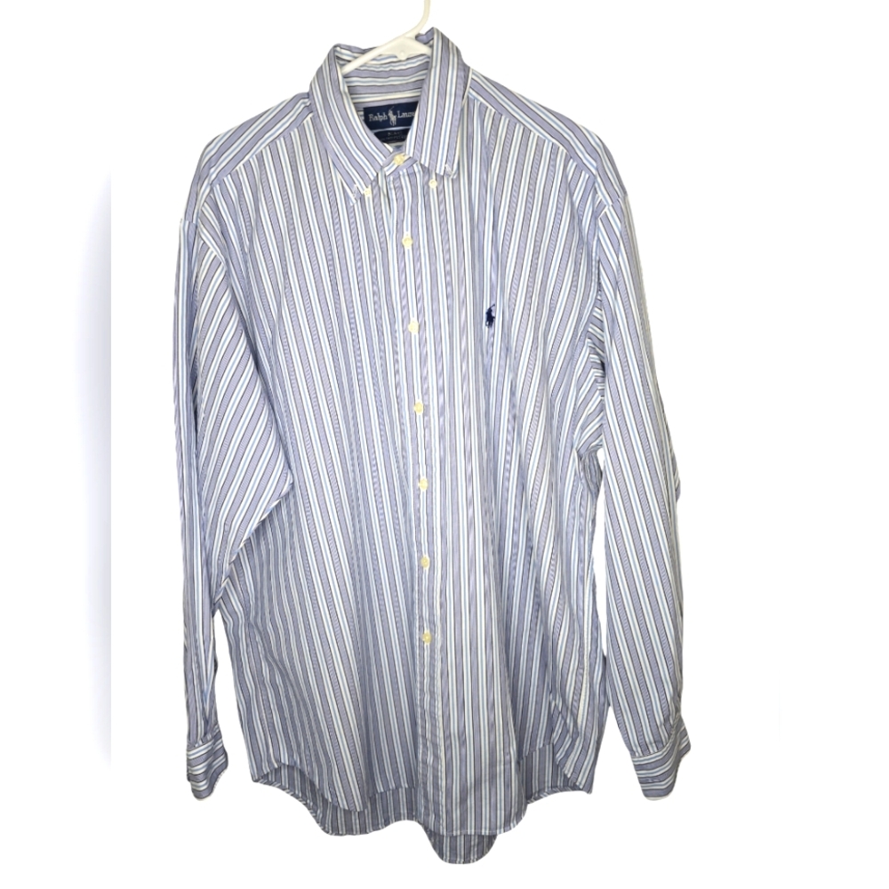 Ralph Lauren Blake Blue and White Vertical Striped Button Down Dress Shirt Large